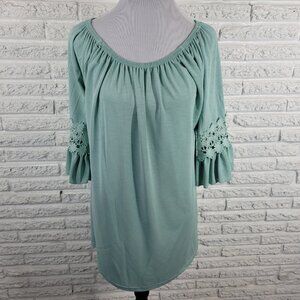 Win Win Womens Top L XL Tunic Bell Sleeve Blue On Off Shoulder Boho BLU215E
